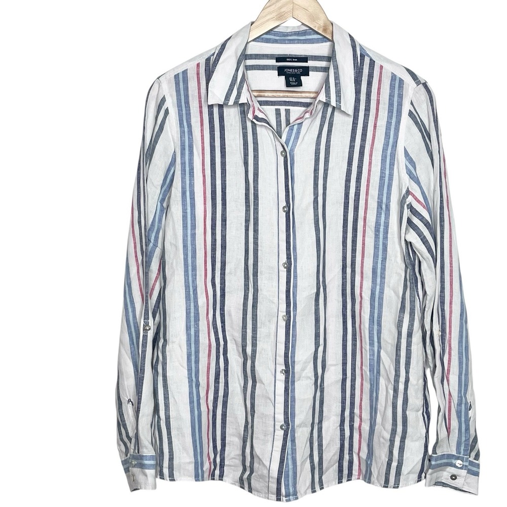 Jones New York Linen Striped Button Up Shirt Womens M Heritage Coastal Nautical
